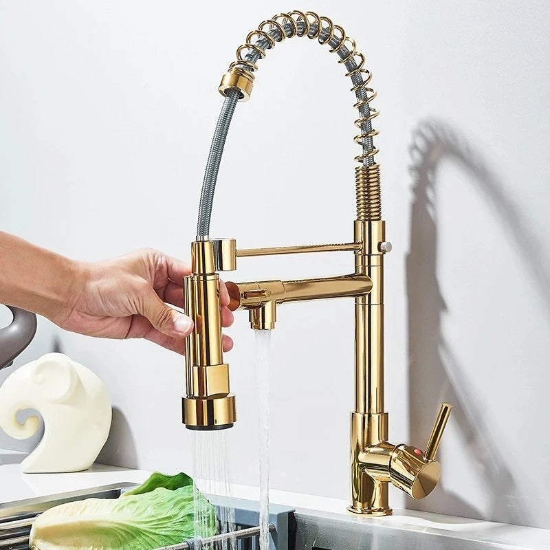 SHBSHAIMY Gold Spring Kitchen Faucets Pull Down Kitchen-Sink Crane Dual Swivel Spout Tap Hot Cold Water Mixer
