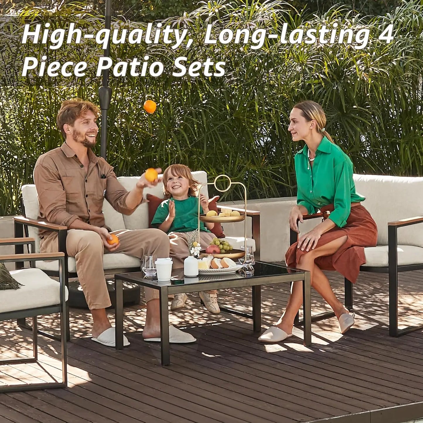 4 Pieces Metal Outdoor Patio Furniture Sets Wooden Customized Sectional Conversation Set for Garden Yard