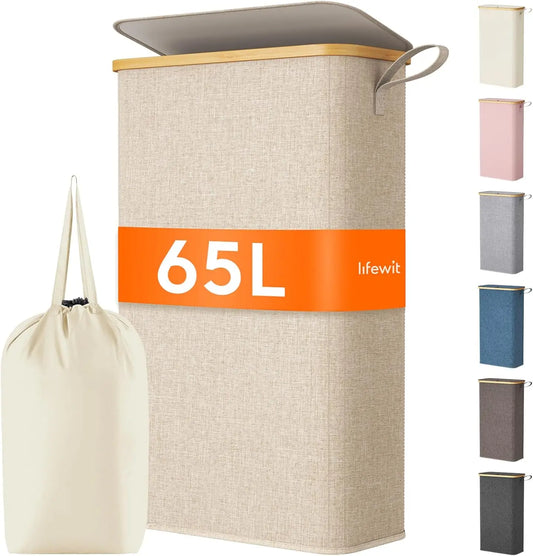 65L Slim Laundry Hamper with Lid, Narrow Laundry Basket with Removable Bag & Bamboo Handles, Fodable