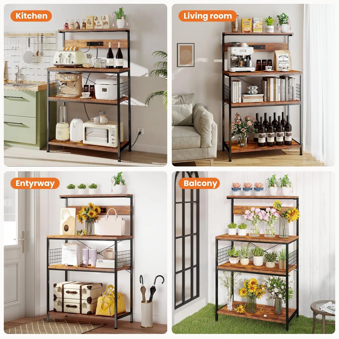 JHK 31.5 Inch Kitchen Bakers Rack with Power Outlet Coffee Bar Table 4 Tiers Microwave Oven Stand Adjustable Storage Shelf
