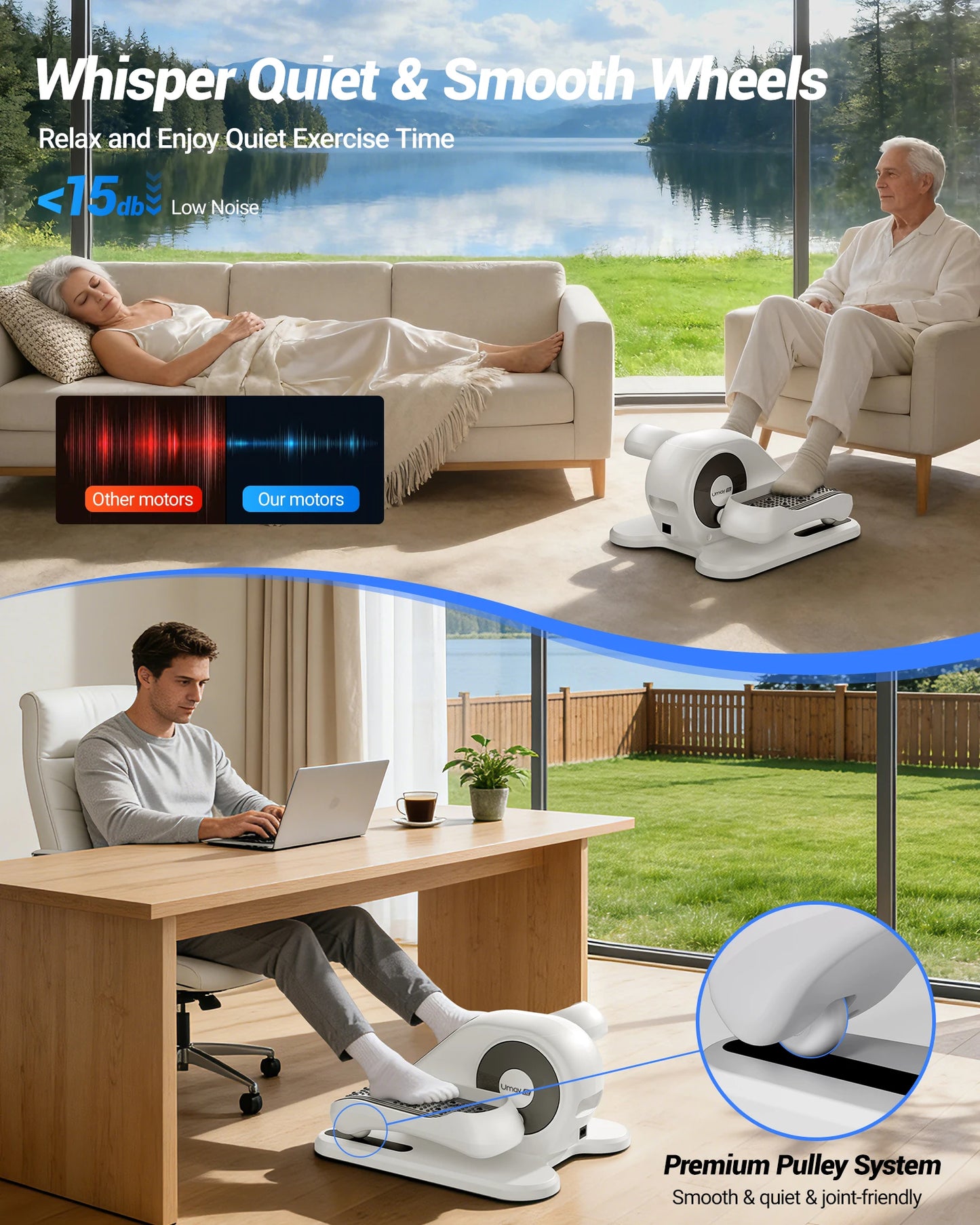 UMAY Compact Under-Desk Electric Elliptical Machine 12 Speed Forward Reverse Remote Control Auto Manual Modes for Home Office