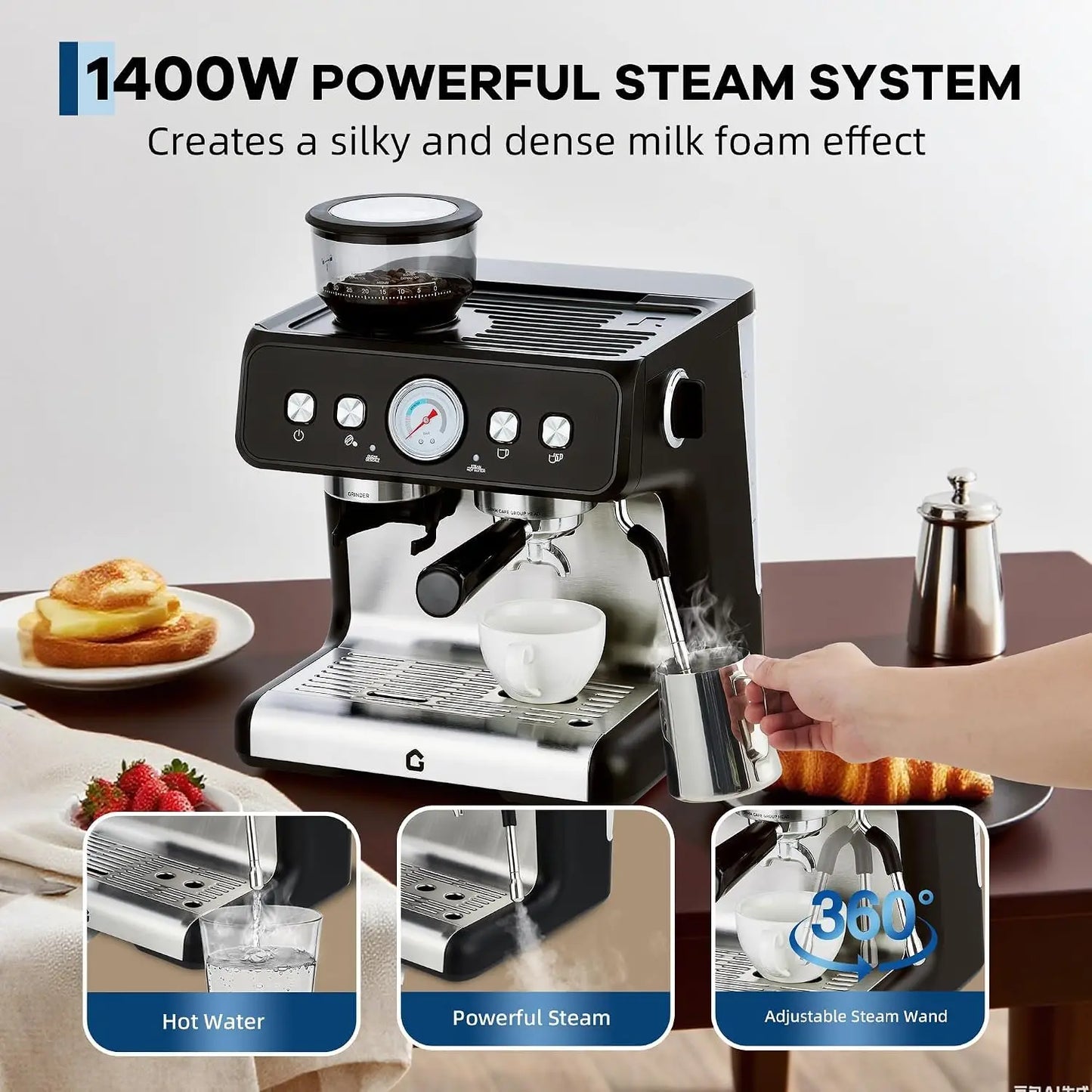 Espresso Machine With Grinder 20 Bar Stainless Steel Pressure Maker Featuring Removable 2.8L Water Tank Adjustable Shot Volume Professional For Home Barista And Office
