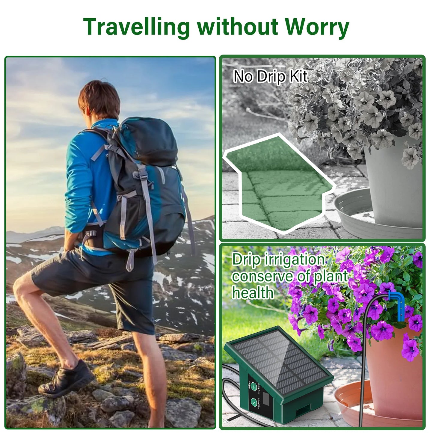 Solar Drip Irrigation Watering System  with 300 Watering Programmes, Garden Balcony Watering Kit with 10M Hose&10 Drip Tips etc, Suitable for Vegetables/Potted Plants/Fruit Trees