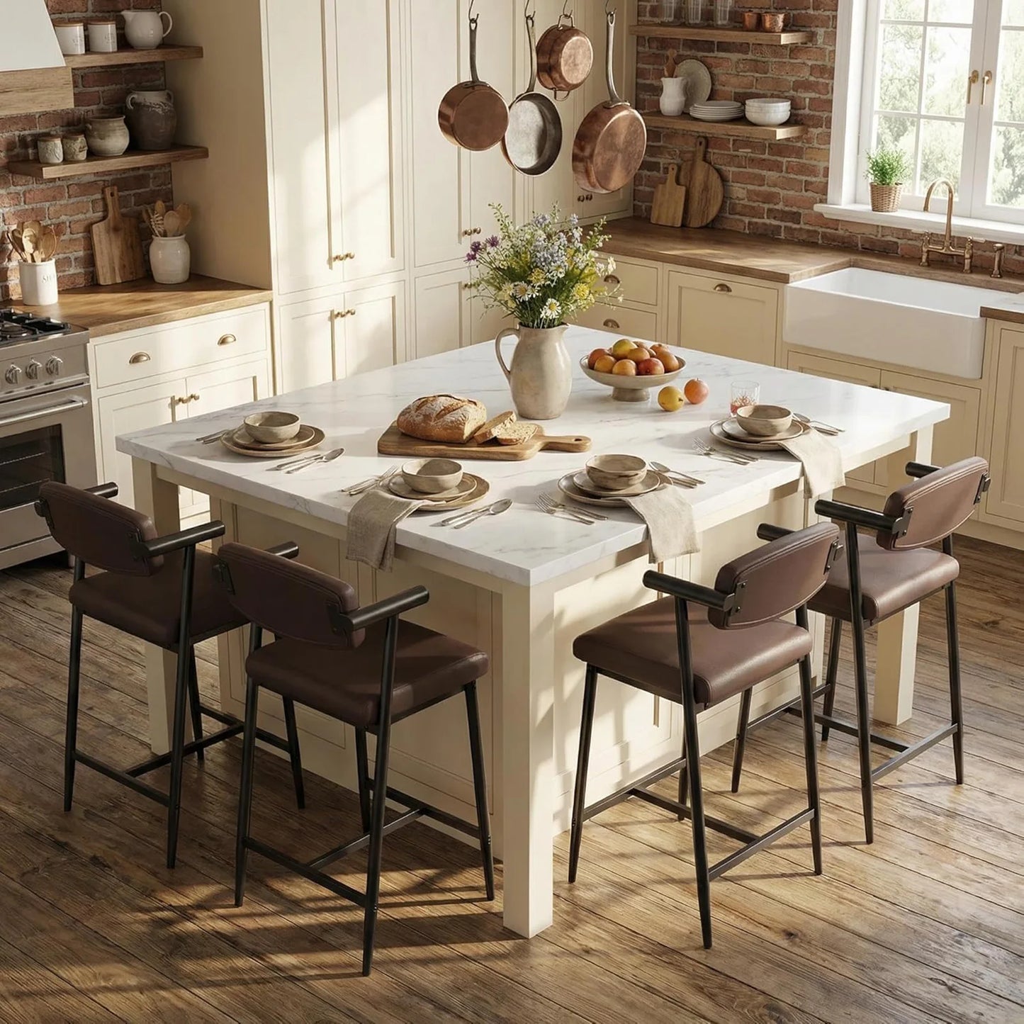 Set Of 4 Counter Height Bar Stools With Arms, Upholstered Back & Wide Seat, Metal Kitchen Island Bar Chairs With Footrest