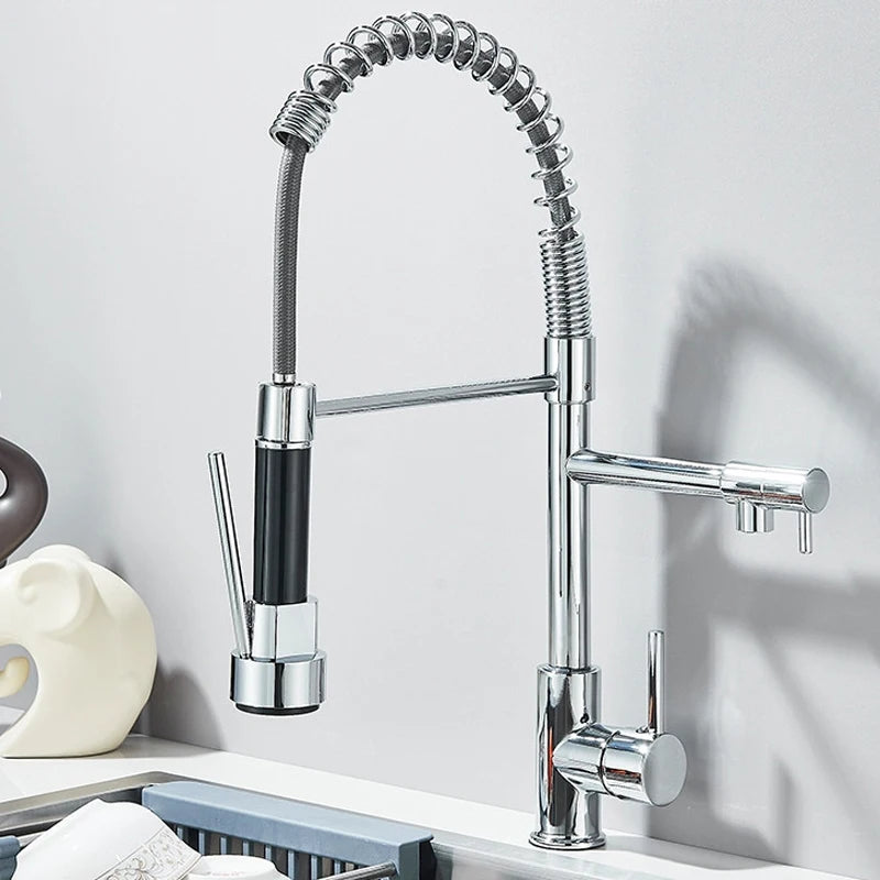 SHBSHAIMY Gold Spring Kitchen Faucets Pull Down Kitchen-Sink Crane Dual Swivel Spout Tap Hot Cold Water Mixer