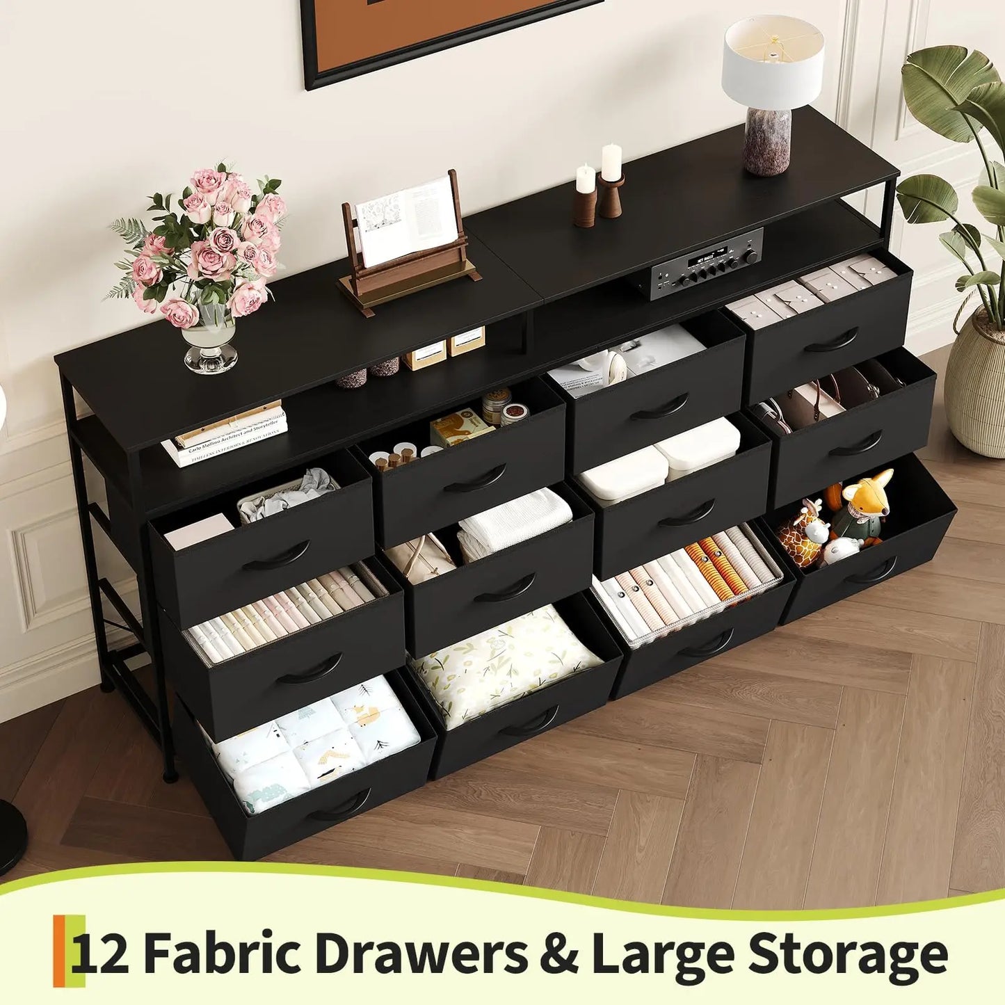 63 Inch Long Dresser For Bedroom With 12 Drawers And 2 Open Cubbies MDF Top And Steel Frame Sturdy Large Chest Of Drawers Also Functions As TV Stand For 65 To 75 Inch TV