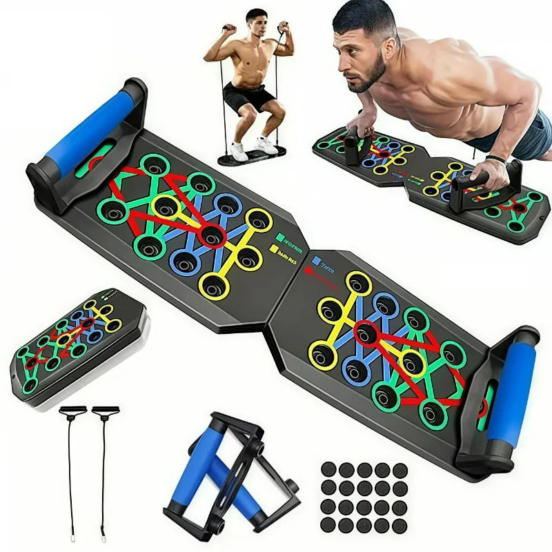 Foldable Push Up Board with Resistance Bands, Multifunctional Pushup Bars, Portable Home Gym Workout Equipment, Target Chest Back Shoulder Triceps Muscle Training System for Men Women