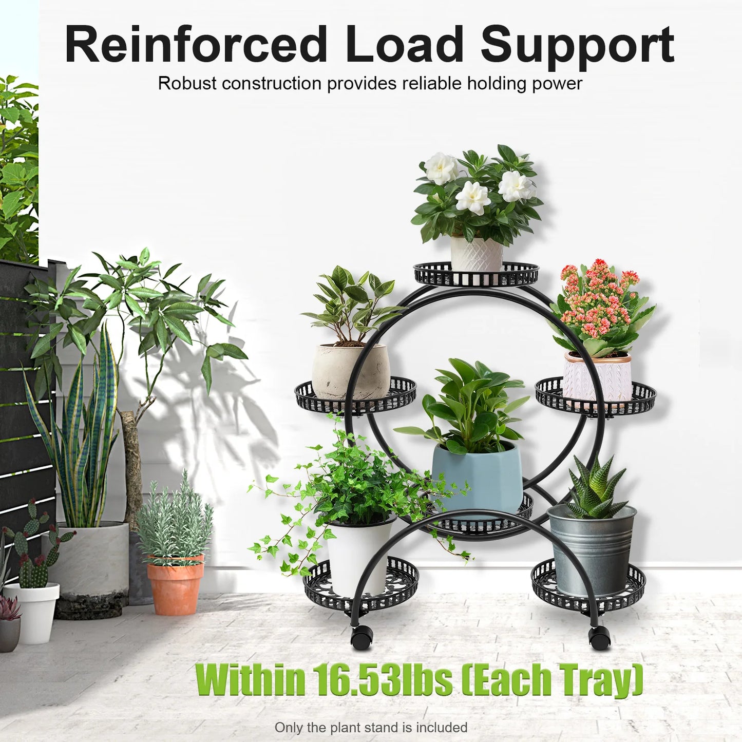 4-Tier Plant Stand with Wheels, Multi-Tiered Plant Display Shelf with 6 Trays, Staggered Plant Holder for Balcony Garden