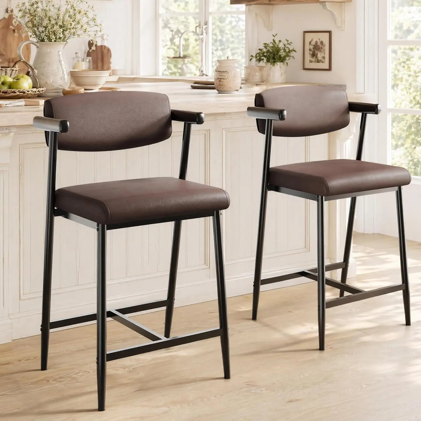 Set Of 4 Counter Height Bar Stools With Arms, Upholstered Back & Wide Seat, Metal Kitchen Island Bar Chairs With Footrest
