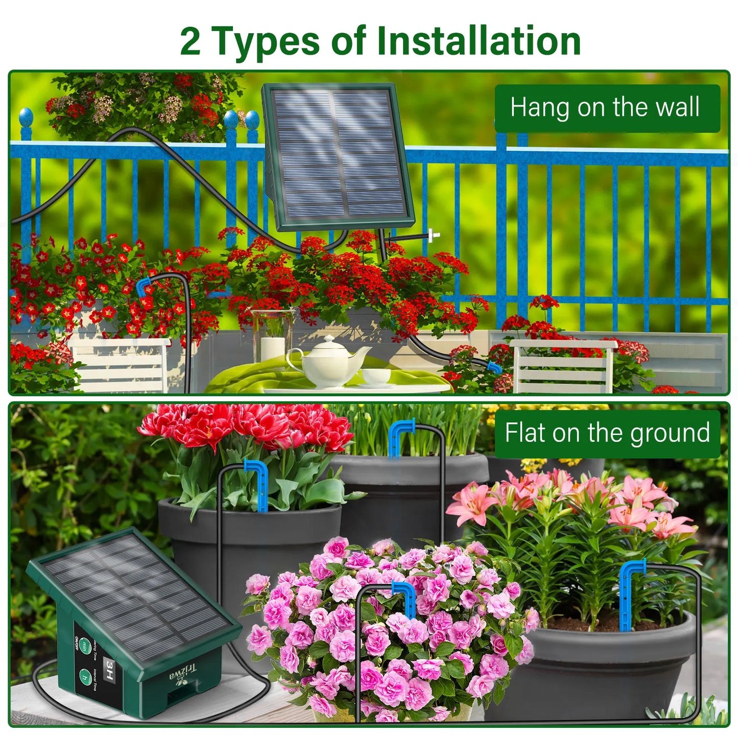 Solar Drip Irrigation Watering System  with 300 Watering Programmes, Garden Balcony Watering Kit with 10M Hose&10 Drip Tips etc, Suitable for Vegetables/Potted Plants/Fruit Trees