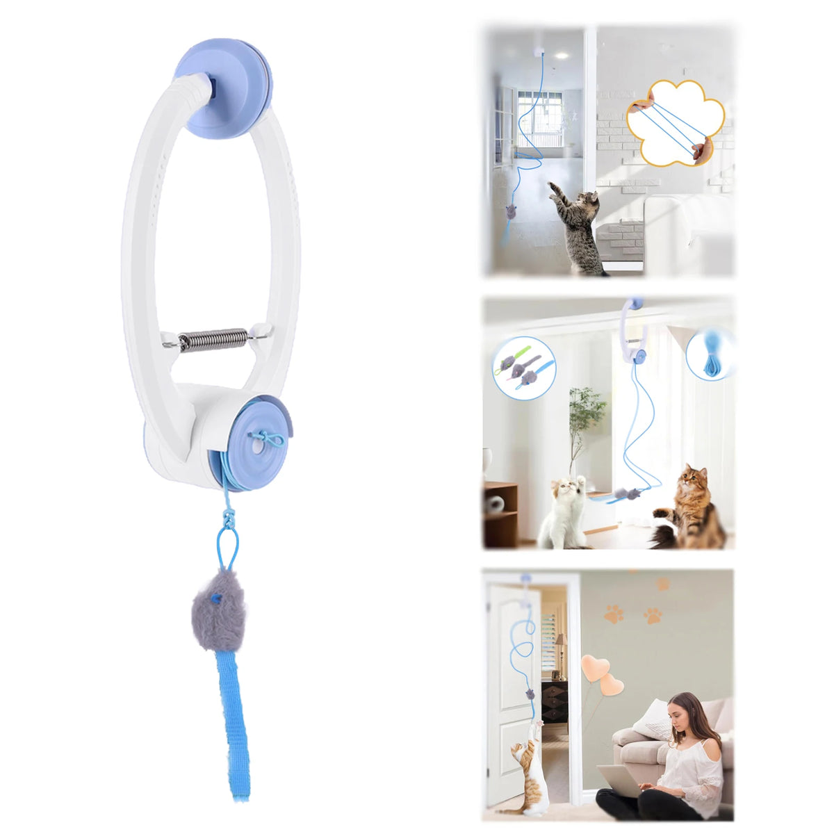 Automatic Retractable Cat Toys Door Hanging with 3 Catnip Mice Teaser Electronic Self Play Feather Cat Interactive Toy Cat Tease