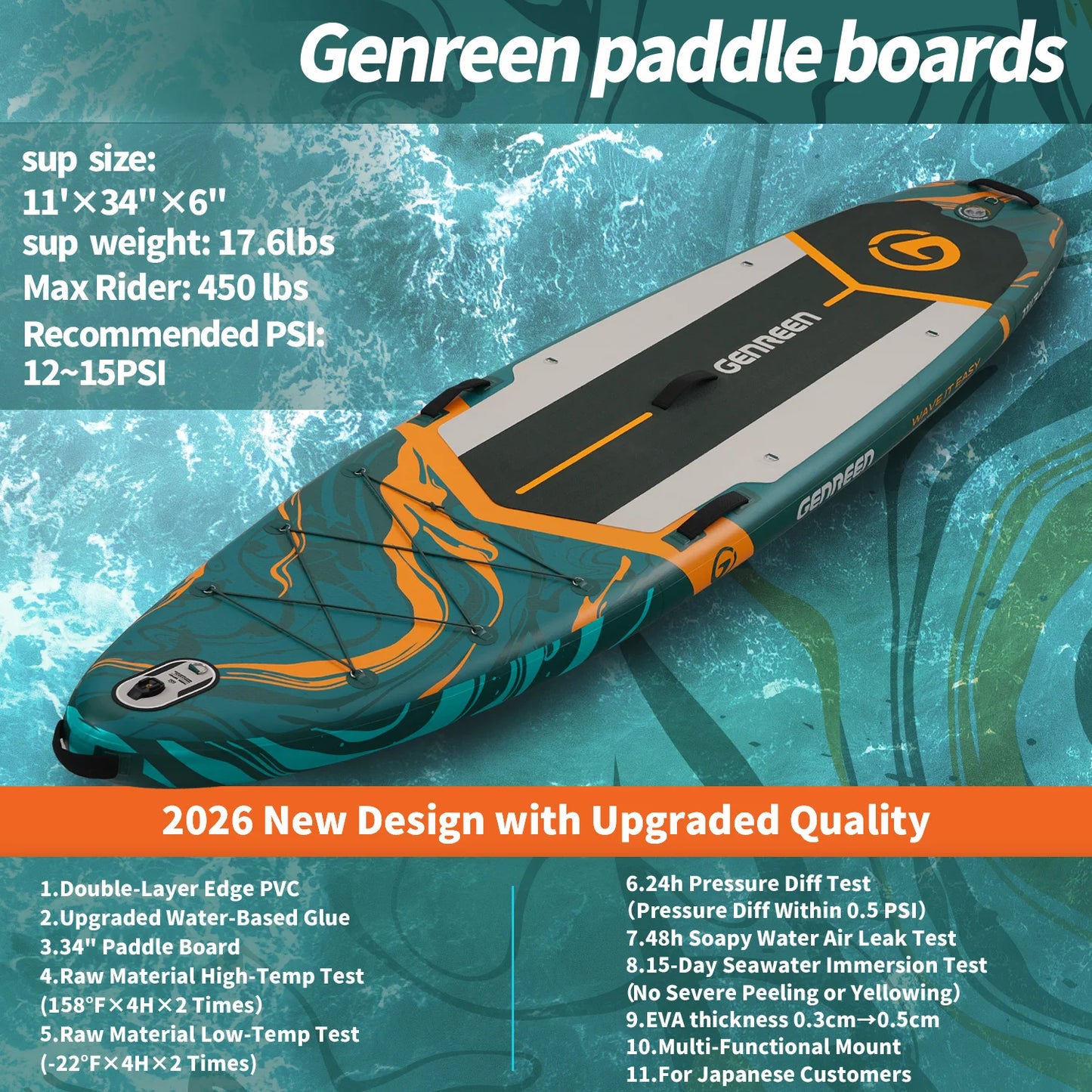 335*86*15cm Inflatable Stand Up Paddleboard SUP 5 Handles 3 Finns Ultra Stable Wide Loading 250 kg 3 to 4 Persons