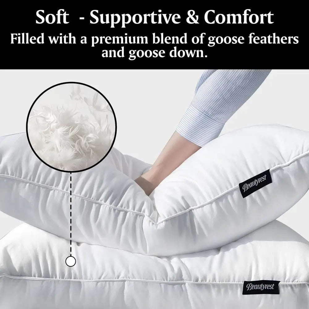 Elegant Goose Feather Pillows, 500 Thread Count, 20x28 Inches, Queen Size (2-Pack), Ideal for Side and Back Sleepers