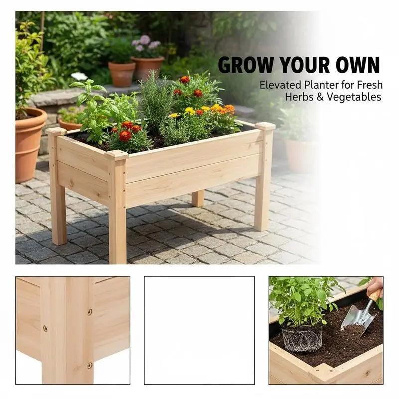 Elevated Wooden Planter 34x18x30in For Backyard Garden Patio, Solid Fir Wood Rectangular Vegetable Trough Legged Herb Flower Box Natural Finish