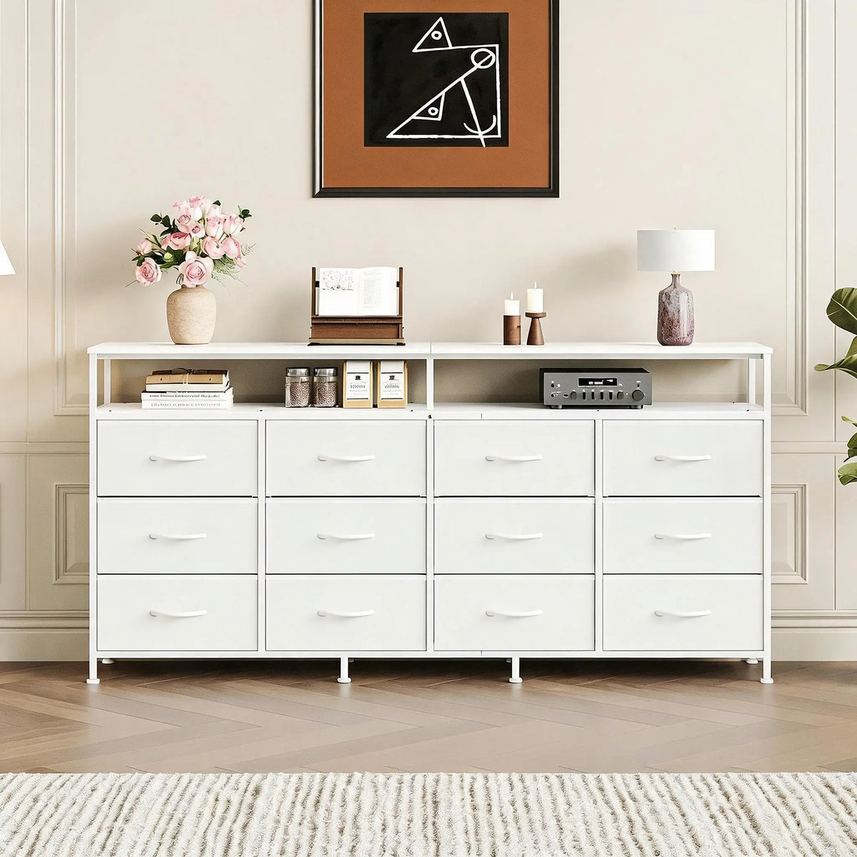 63 Inch Long Dresser For Bedroom With 12 Drawers And 2 Open Cubbies MDF Top And Steel Frame Sturdy Large Chest Of Drawers Also Functions As TV Stand For 65 To 75 Inch TV
