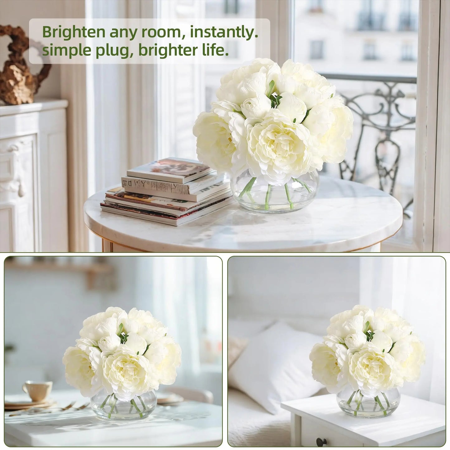 7 Pcs Real Touch Artificial Peonies in Glass Vase, 6 Stems Faux Flowers with Faux Water, Silk Peony Arrangements for Wedding Centerpiece, Home Table, Party Decor