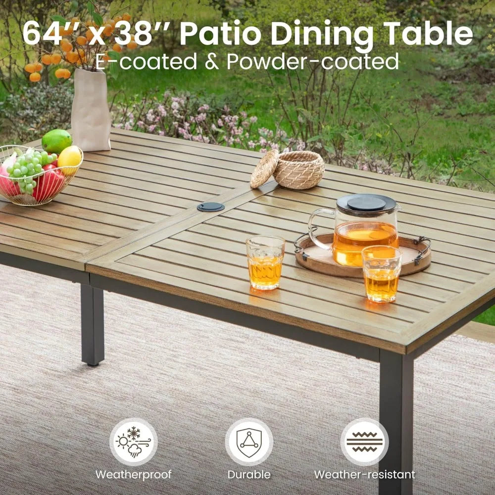 7 Pieces Patio Dining Set, 65” Wood-Like Metal Steel Dining Table & Rattan Wicker Chairs with Cushions