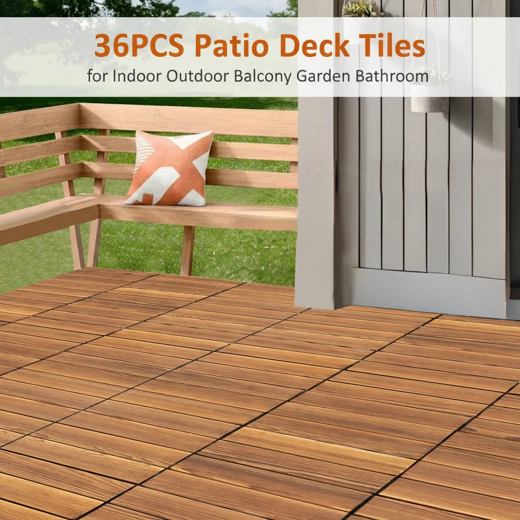 36PCS Patio Deck Tiles 12*12in Wood Floor Tiles DIY Interlocking Flooring Tiles for Indoor Outdoor Balcony Garden Bathroom