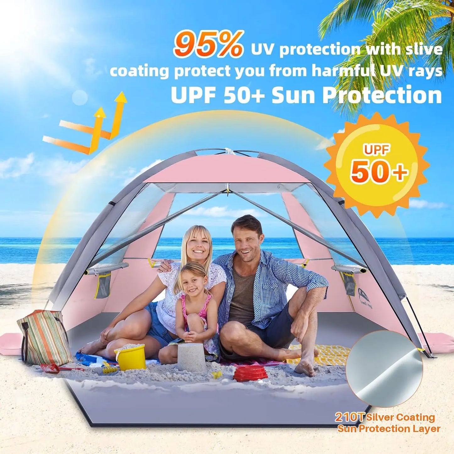Beach Tent Sun Shelter for 3/4/5/6/7/8 Person, Portable UPF 50+ UV Protection Beach Shade Canopy for