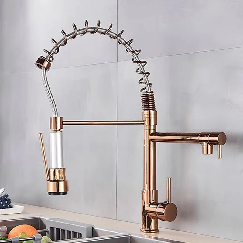 SHBSHAIMY Gold Spring Kitchen Faucets Pull Down Kitchen-Sink Crane Dual Swivel Spout Tap Hot Cold Water Mixer