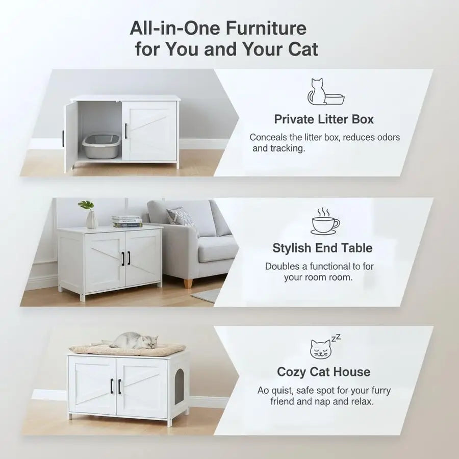 Cat Litter Box Enclosure, Wooden Cat Washroom Furniture with Barn Door, Pet House, Fit Most of Litter Box, White