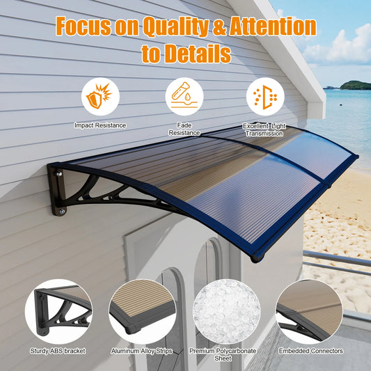 Brown Panels Awning for Door Window Canopy Use of PC Materials for Rain and Sun Protection and Snow Resistance 32/40/48/60/80 IN