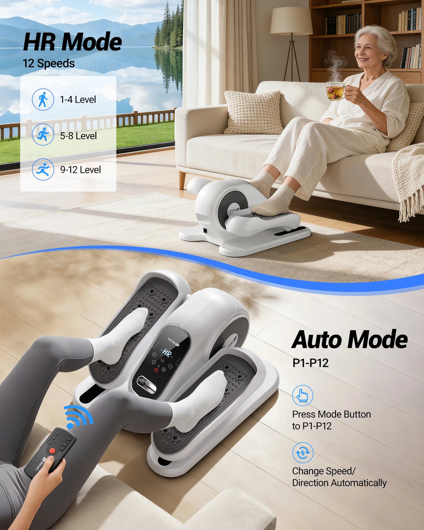 UMAY Compact Under-Desk Electric Elliptical Machine 12 Speed Forward Reverse Remote Control Auto Manual Modes for Home Office