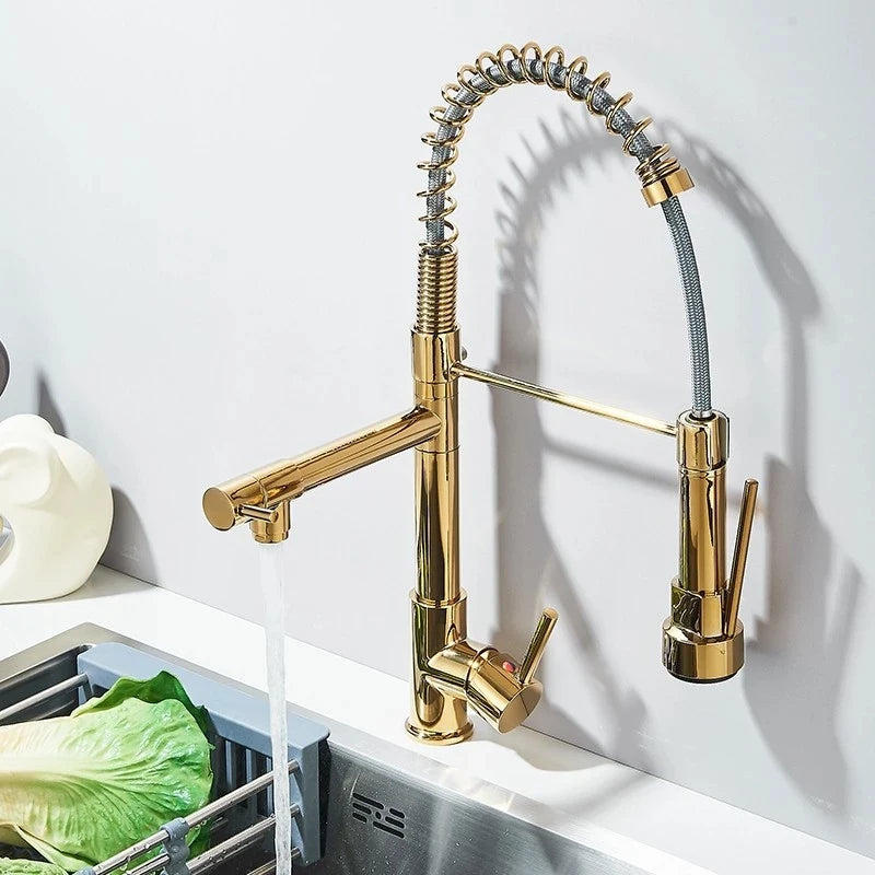SHBSHAIMY Gold Spring Kitchen Faucets Pull Down Kitchen-Sink Crane Dual Swivel Spout Tap Hot Cold Water Mixer