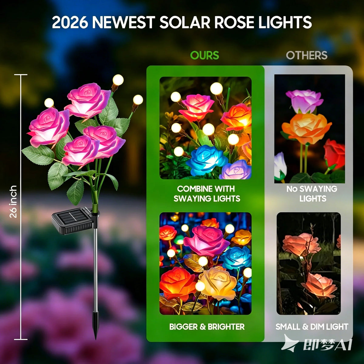 4pcs Outdoor Waterproof Solar Rose Lights with 4 Realistic Lighted Flower Heads Garden Decorative Lamp For Home Patio Decoration