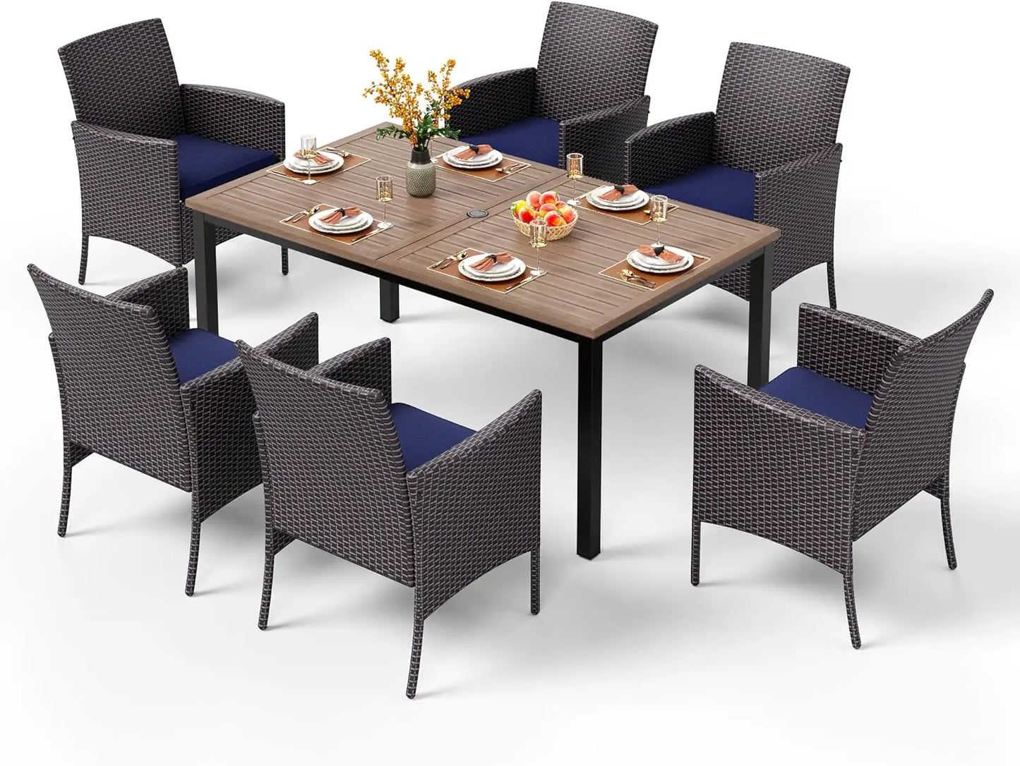 7 Pieces Patio Dining Set, 65” Wood-Like Metal Steel Dining Table & Rattan Wicker Chairs with Cushions