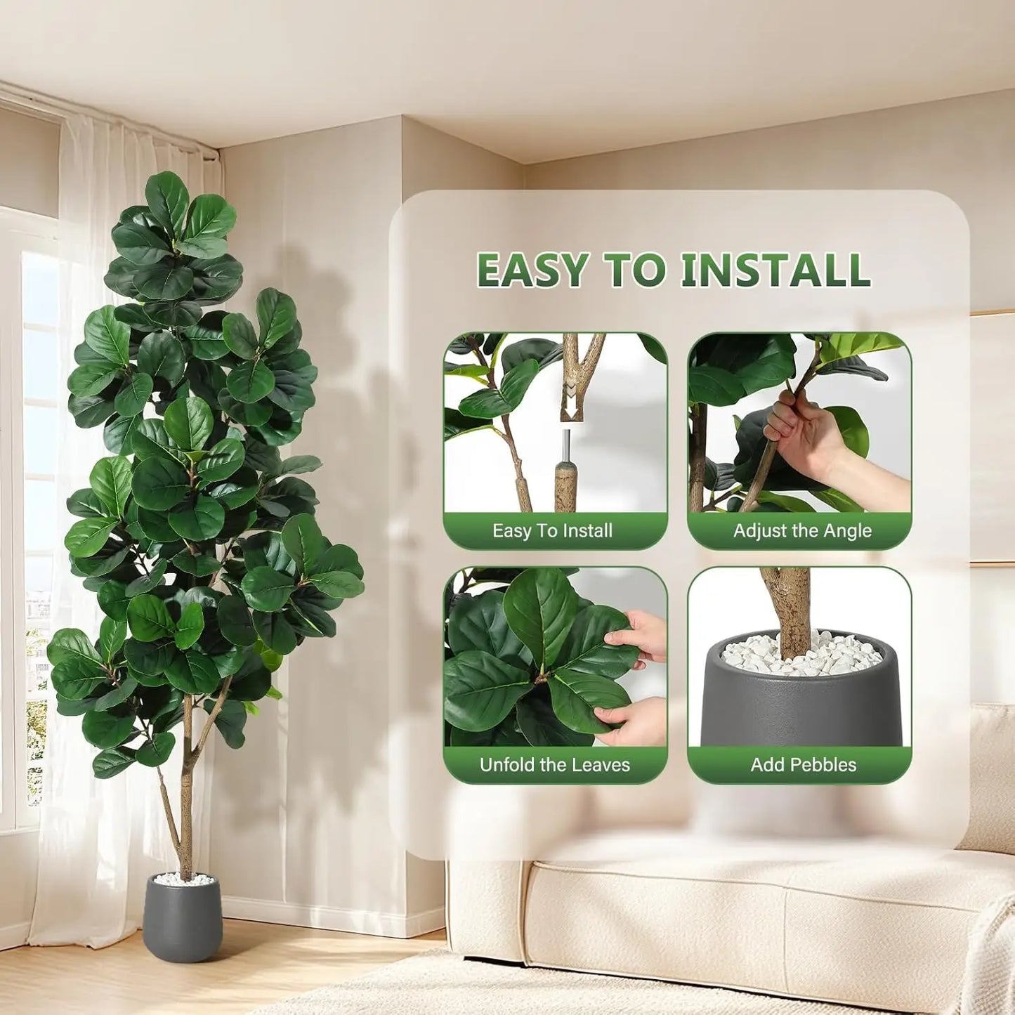 4FT/5FT/6FT/7FT Fiddle Leaf Fig Tree Artificial with Leaves, Realistic Faux Ficus Lyrata Trees in White Planter Pot, Home Decor