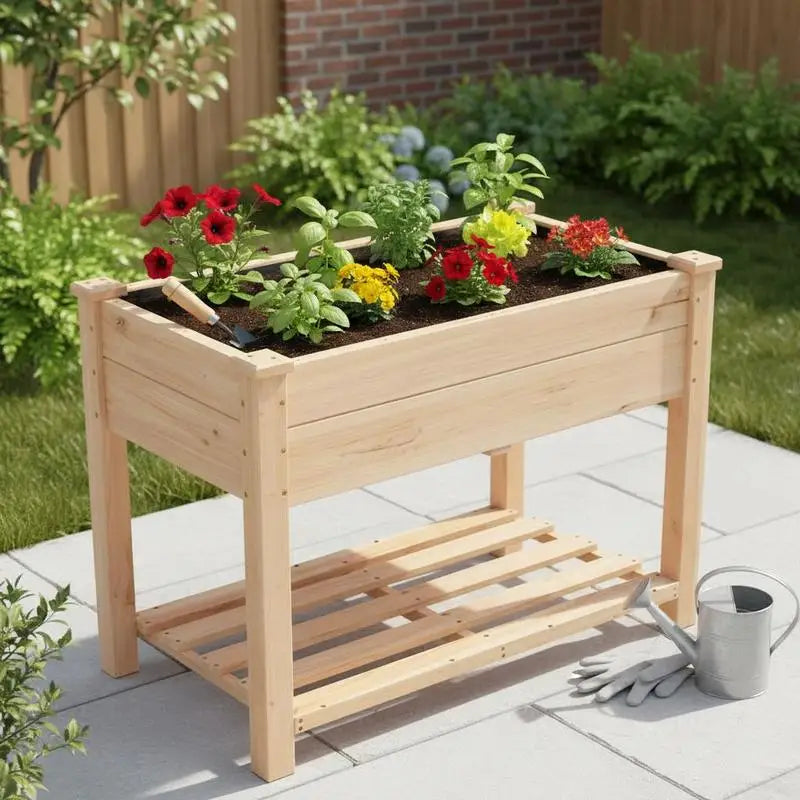 Elevated Wooden Planter 34x18x30in For Backyard Garden Patio, Solid Fir Wood Rectangular Vegetable Trough Legged Herb Flower Box Natural Finish