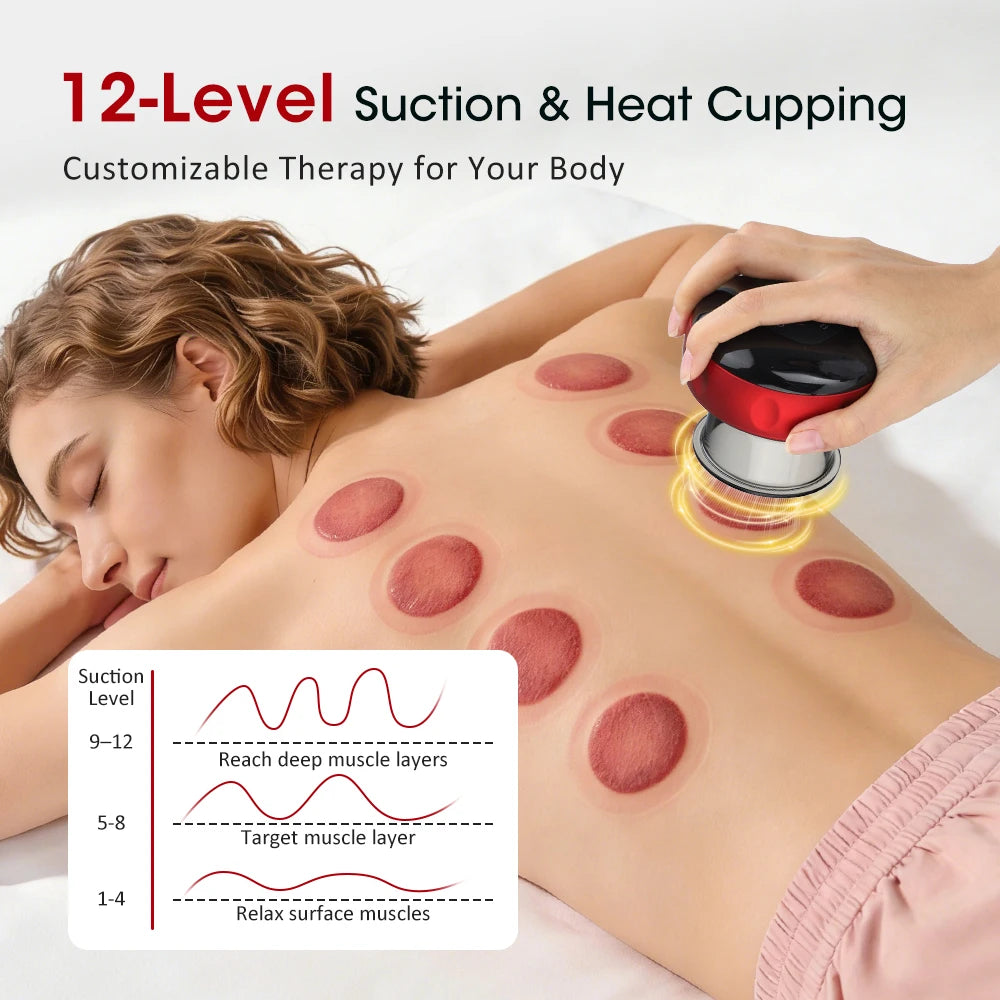 Rechargeable Smart Cupping Device, 12 Adjustable Suction Levels with LCD Display, Electric Heating Vacuum Massage Cup for Body Relaxation