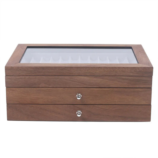 Pen Storage Case 34 Slots Walnut Wood Cabinet With Drawer Student Stationery Pen Display Show  Gift Case