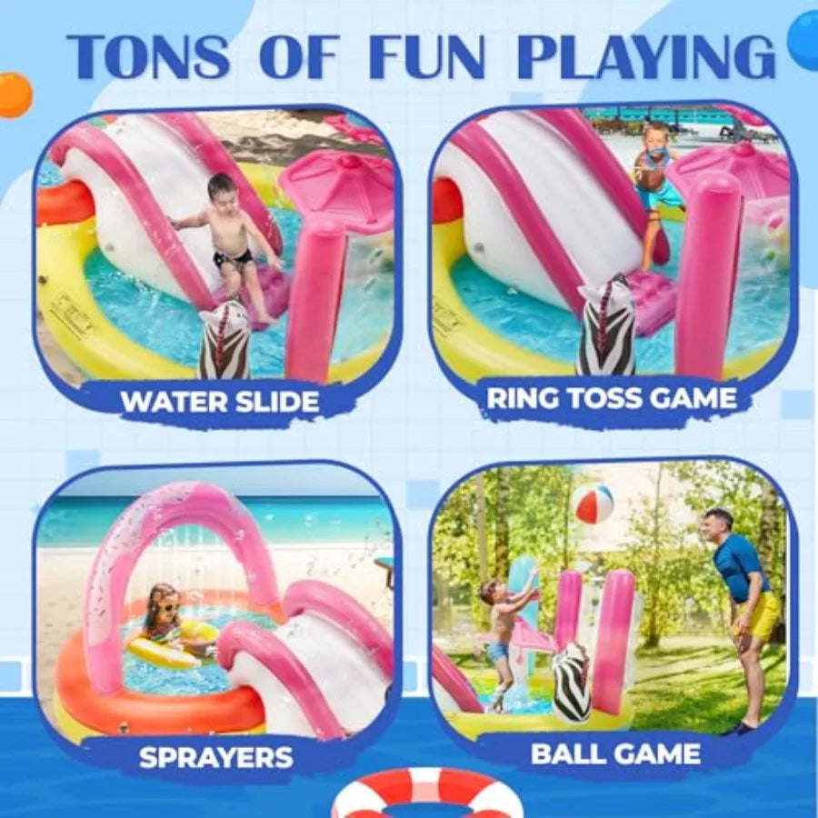 Inflatable Kiddie Pool 110 x 66 x 40 with Water Slide and Play Center for Outdoor Summer Water Toys with Sprayers Ring Toss Bal