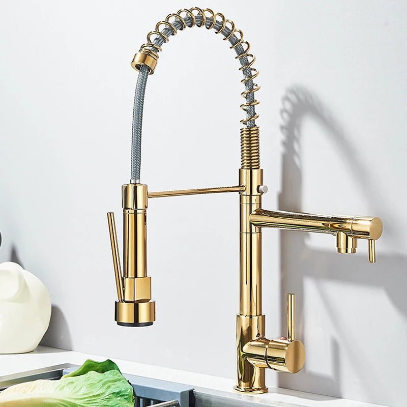 SHBSHAIMY Gold Spring Kitchen Faucets Pull Down Kitchen-Sink Crane Dual Swivel Spout Tap Hot Cold Water Mixer