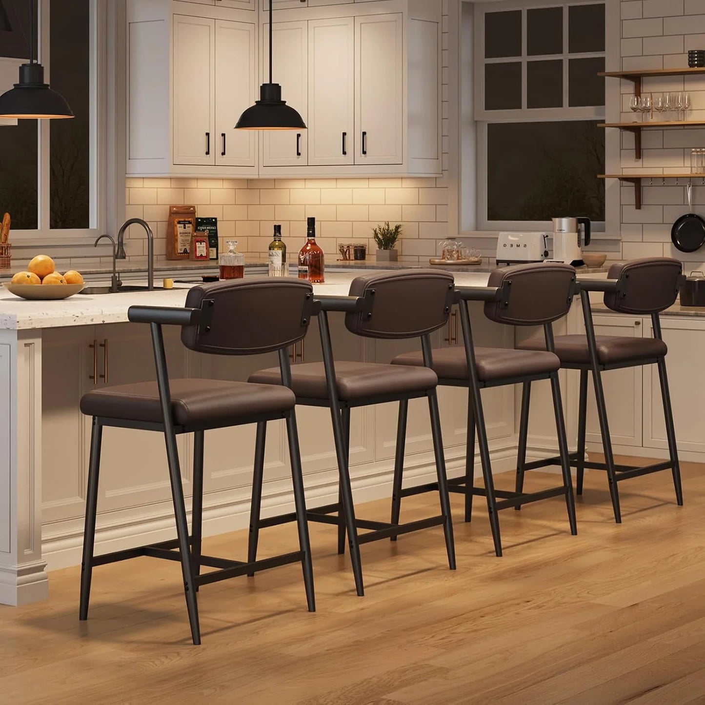 Set Of 4 Counter Height Bar Stools With Arms, Upholstered Back & Wide Seat, Metal Kitchen Island Bar Chairs With Footrest