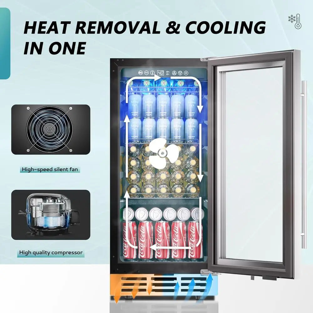 15 Under-Counter Beverage Fridge for 127 Cans, Glass Door, LED Light, Ideal for Home Kitchen Bar