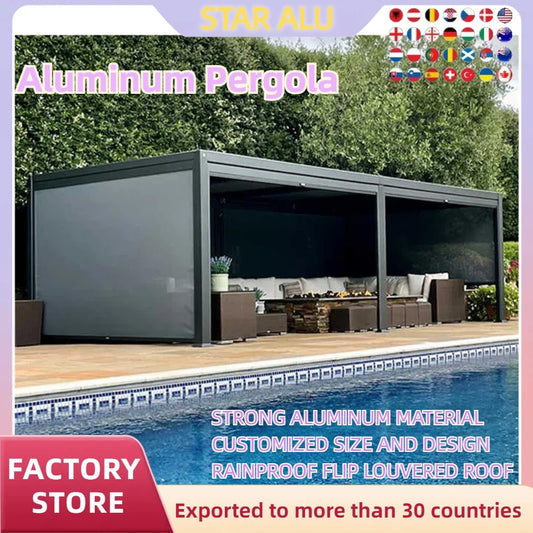 Aluminum Motorized Louvered Bioclimatic Pergola 1 Square Meter Custom Size Flip Shutter Waterproof with LED Light for Garden