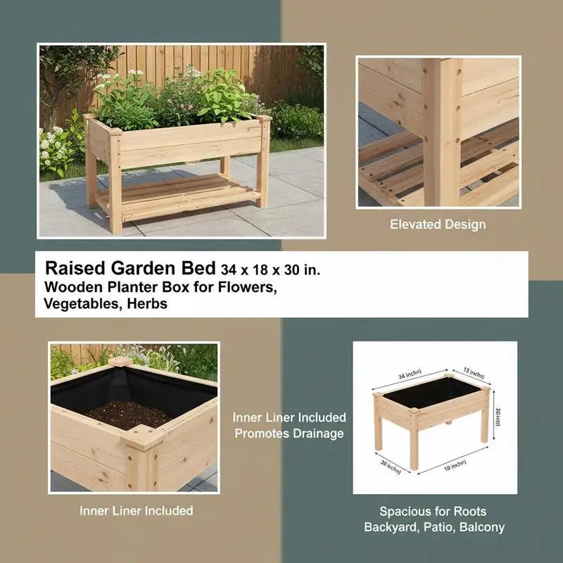 Elevated Wooden Planter 34x18x30in For Backyard Garden Patio, Solid Fir Wood Rectangular Vegetable Trough Legged Herb Flower Box Natural Finish