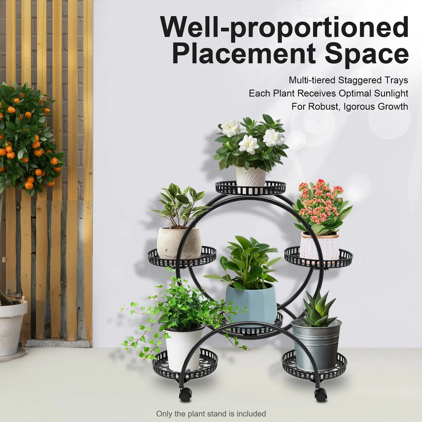 4-Tier Plant Stand with Wheels, Multi-Tiered Plant Display Shelf with 6 Trays, Staggered Plant Holder for Balcony Garden