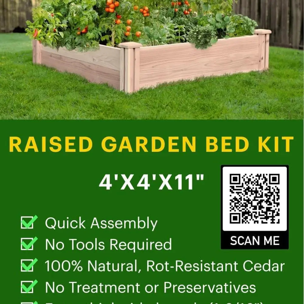 Elevated Wooden Garden Box, 4x4ft, 12in Tall, with Drainage, Durable