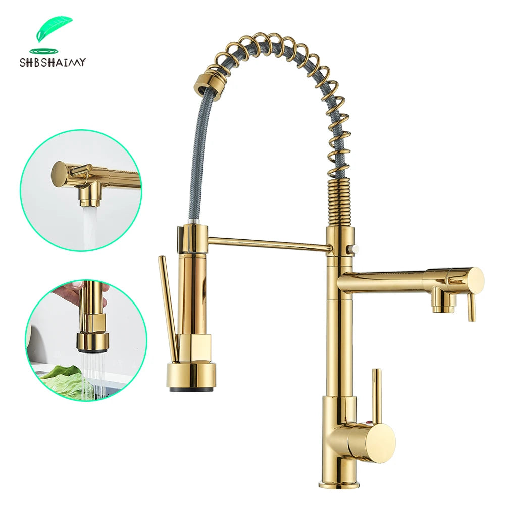 SHBSHAIMY Gold Spring Kitchen Faucets Pull Down Kitchen-Sink Crane Dual Swivel Spout Tap Hot Cold Water Mixer