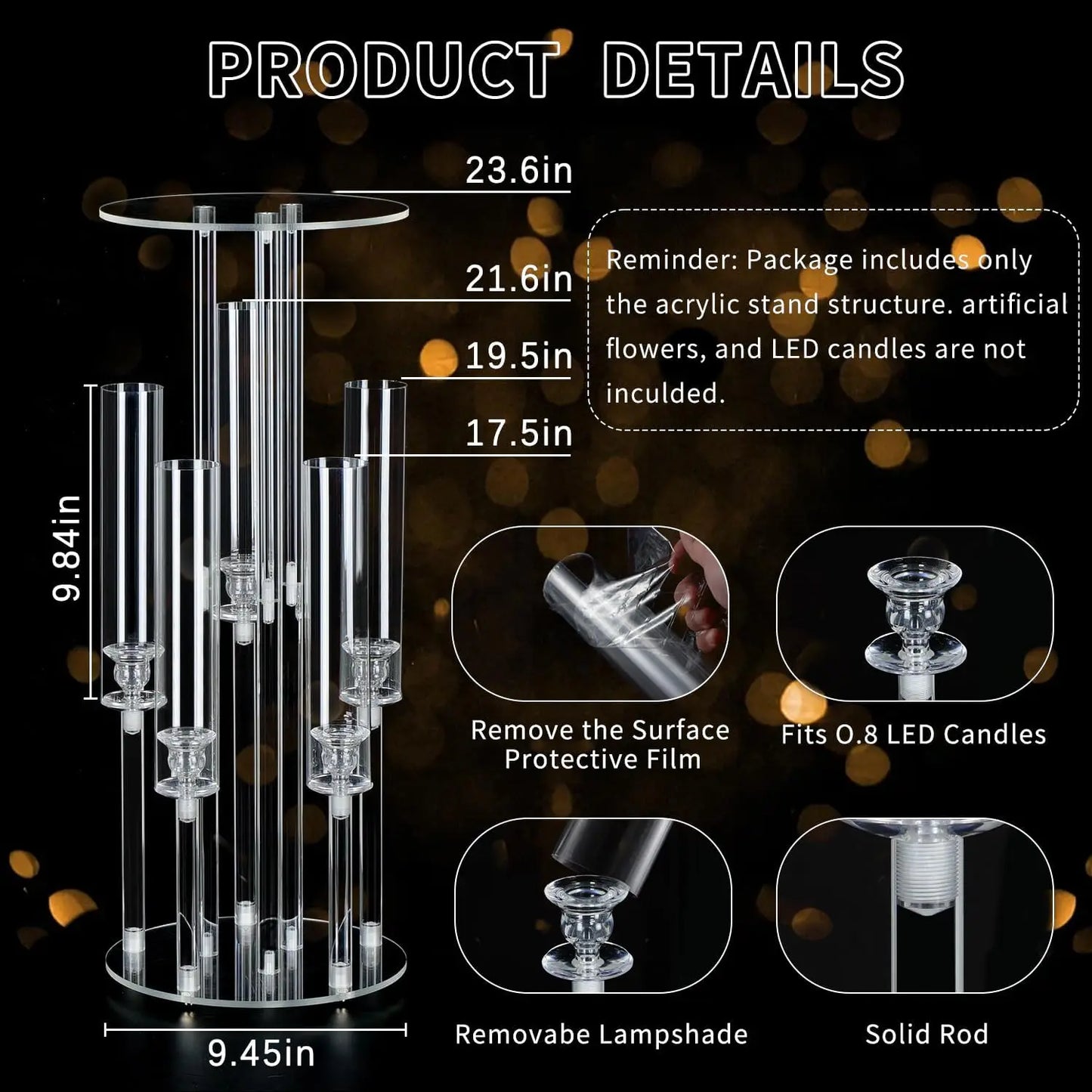 2PCS Acrylic Candelabra 5 Arm Clear Centerpiece for Wedding Table | Crystal Candle Holder with Lampshade for Birthday Christmas Party Home Decor