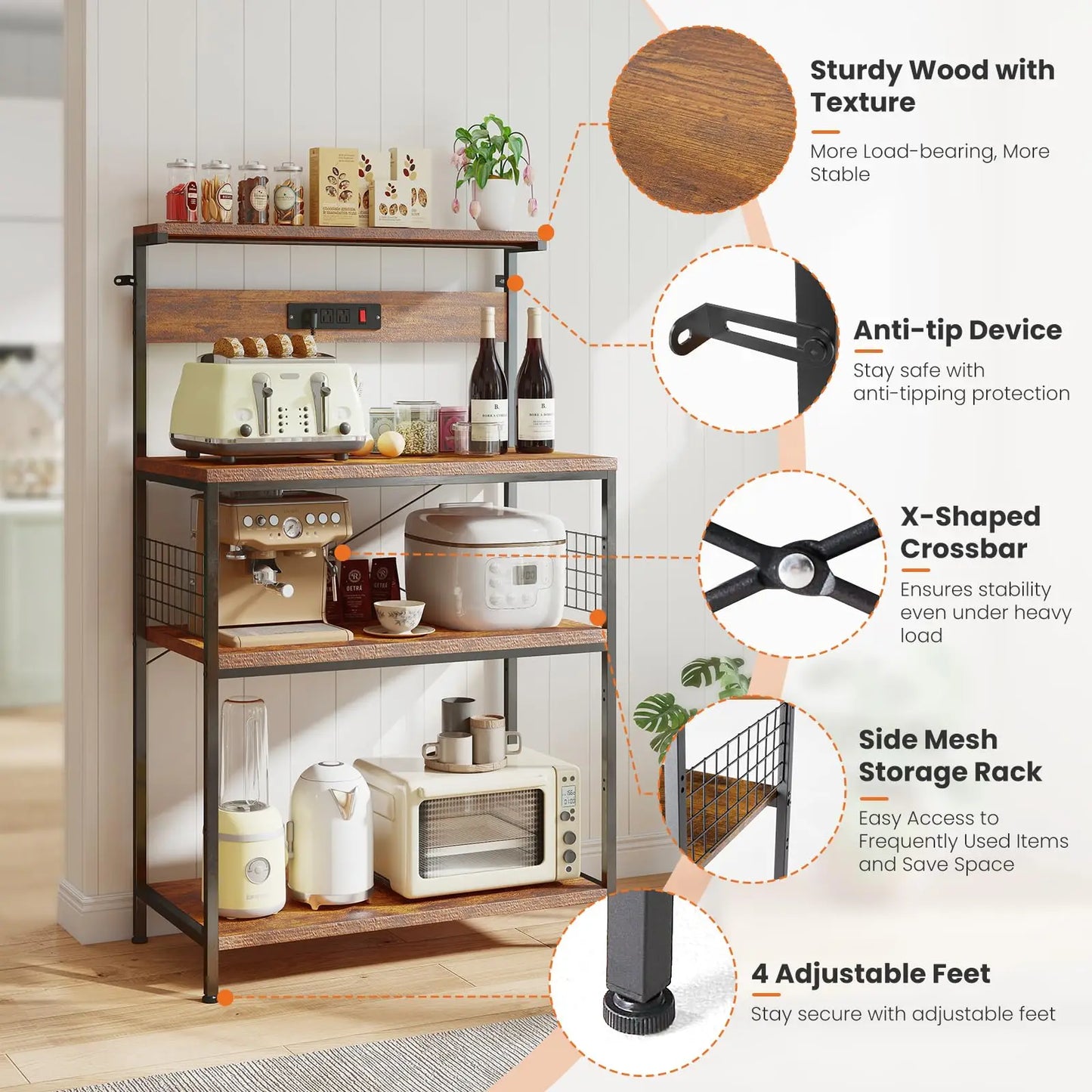 JHK 31.5 Inch Kitchen Bakers Rack with Power Outlet Coffee Bar Table 4 Tiers Microwave Oven Stand Adjustable Storage Shelf