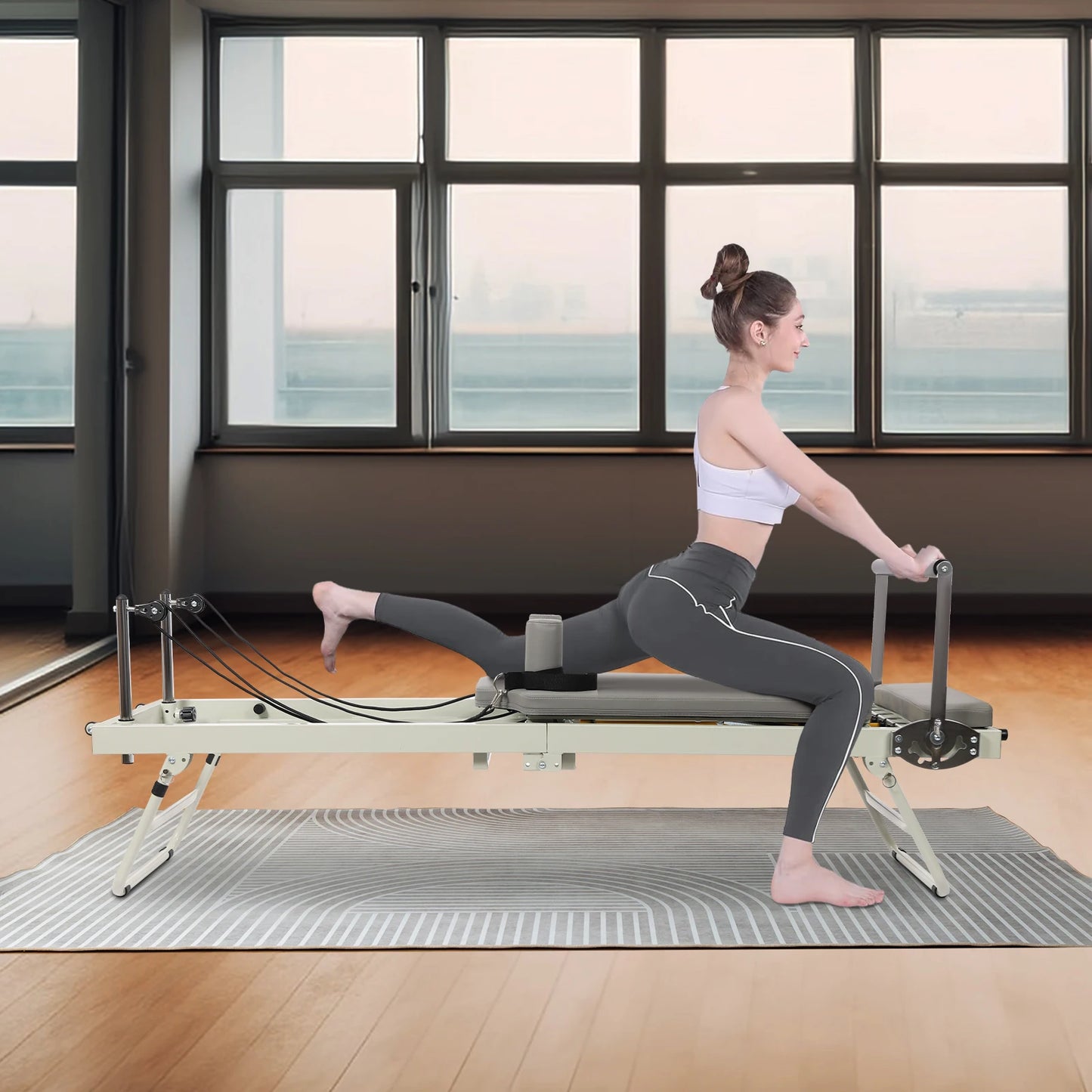 Foldable Pilates Reformer Machine Portable Fitness Equipment Multifunctional Yoga Fitness Equipment Pilates Exercise Equipment Grey/Black Use in Homes/Offices/Yoga Studios/Gyms