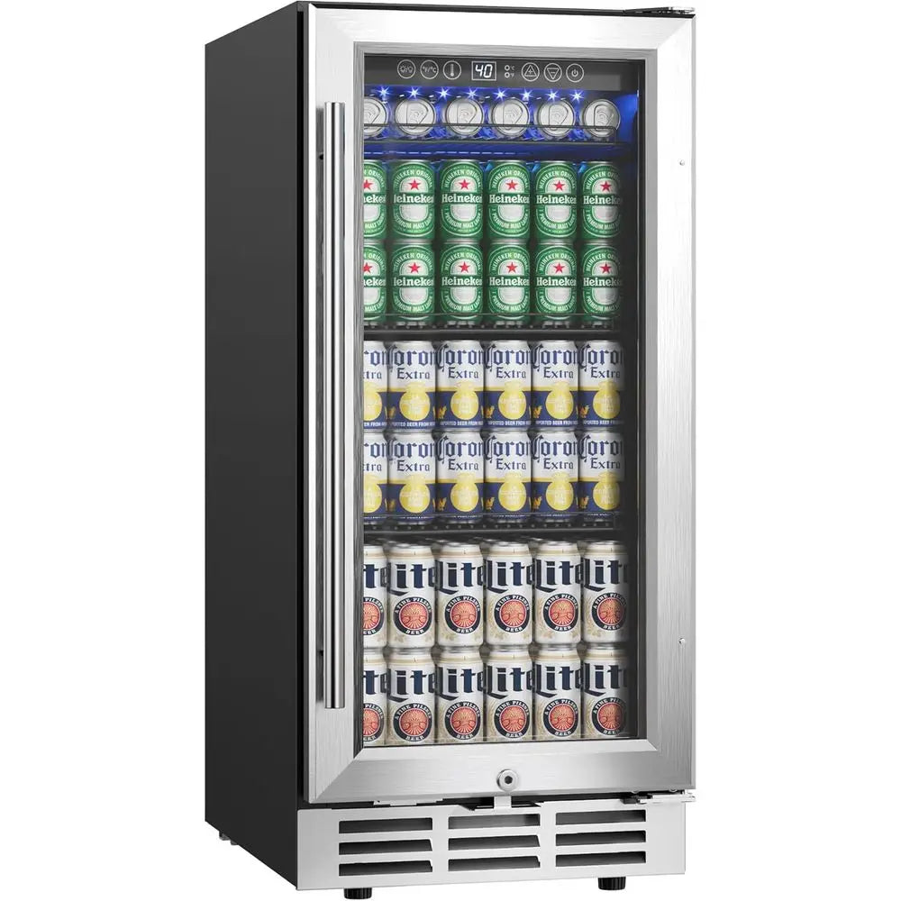 15 Under-Counter Beverage Fridge for 127 Cans, Glass Door, LED Light, Ideal for Home Kitchen Bar