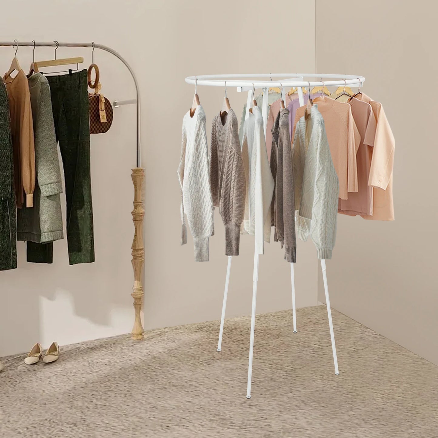 360° 4-6ft Round Clothing Rack  Display Floor Standing Steel Rustproof Garment Hanger Organizer for Bedroom Retail Store Boutique Laundromat Studio Home Entryway Coat Stand