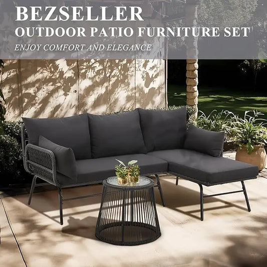 3-Piece Outdoor Patio Furniture Set – L-Shaped Rattan Sectional Sofa with Detachable Lounger, Glass Coffee Table & 4" Cushions