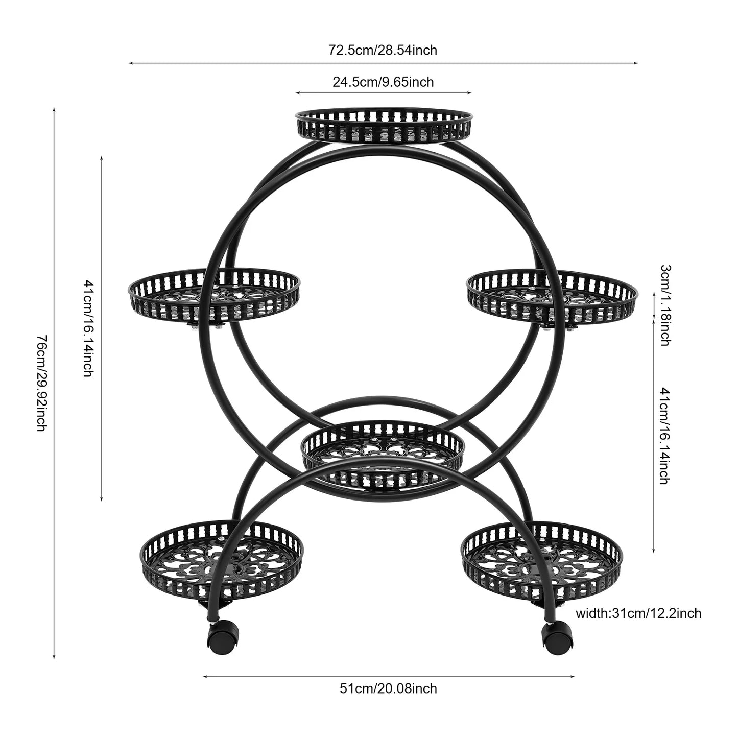 4-Tier Plant Stand with Wheels, Multi-Tiered Plant Display Shelf with 6 Trays, Staggered Plant Holder for Balcony Garden